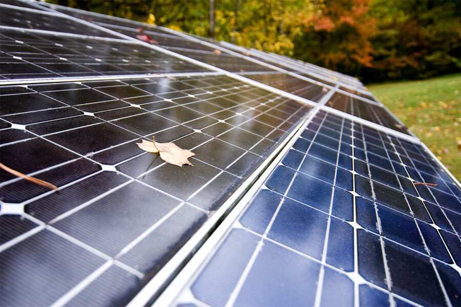 Solar panels set up across grass.