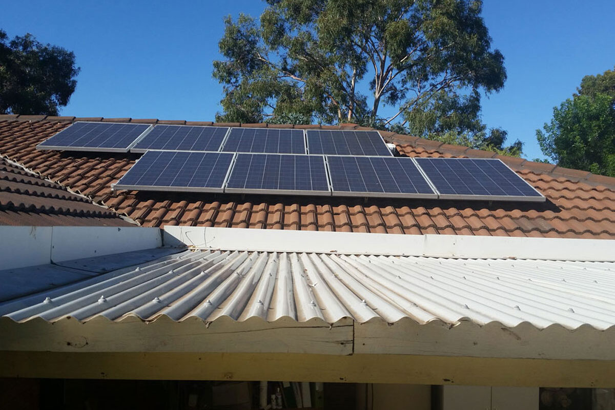 Solar electric panels on a roof.